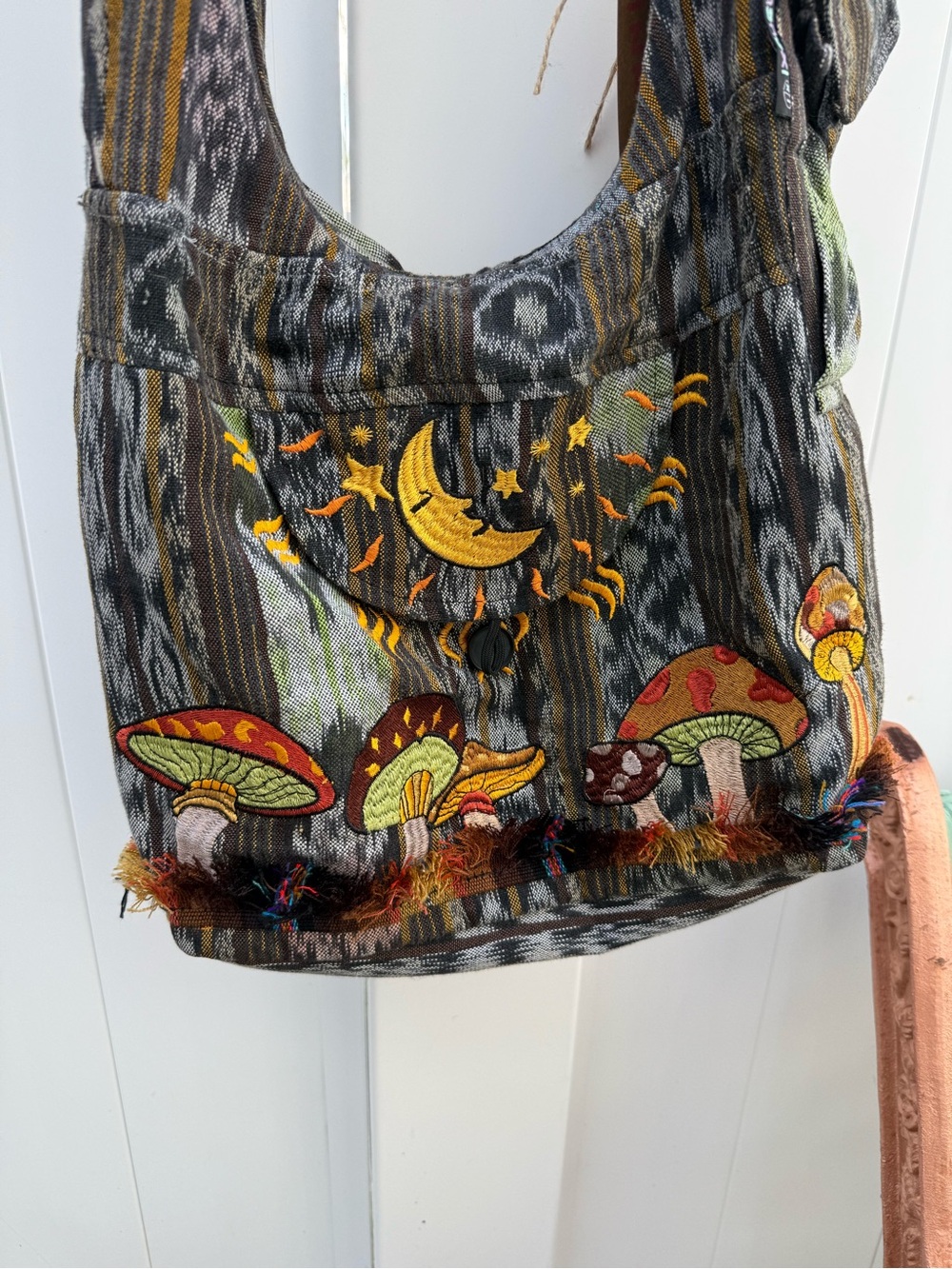 Embroidered Mushroom & Moon Shoulder Bag in Black and Brown